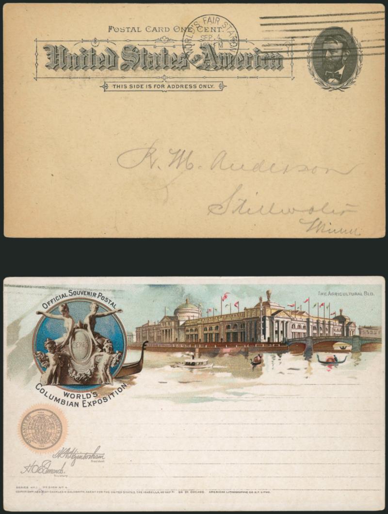 Goldsmith Exhibition Postal Cards.> Ten cards representing each design, from different sets and with different inscriptions, <each cancelled by Worlds Fair Station, Chicago machine cancel,> one dated Sept. 3,
four dated Sept. 4,  two dated Oct. 21 a