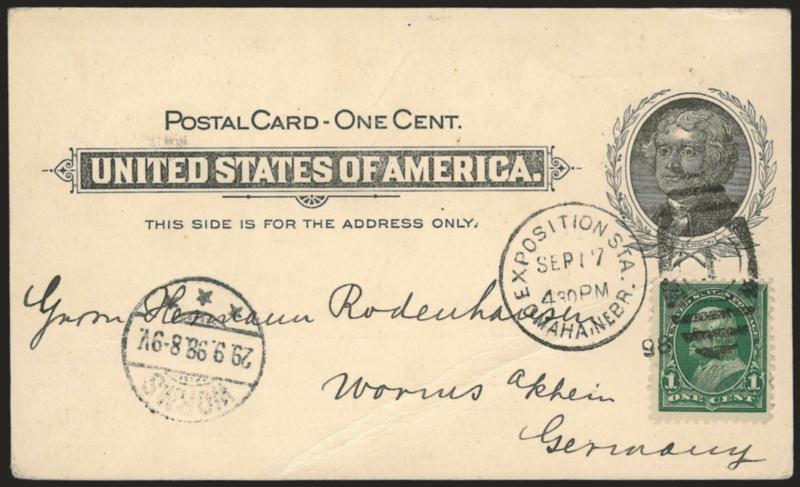 1c Trans-Mississippi Exposition Postal Cards.> Nine, each with different building of the exposition, lacking only Auditorium to be complete, each with Exposition duplex cancel and each to different destination
with one to Germany, one with R.P.O. can