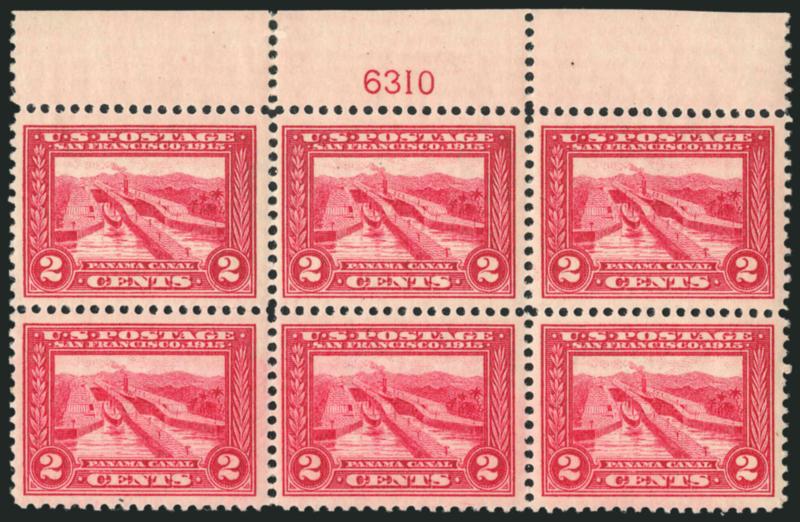 2c Panama-Pacific (398).> Mint N.H. top plate no. 6310 block of six, well-centered, Very Fine and choice