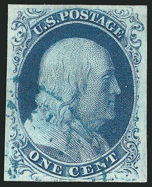 1c Blue, Ty. III (8).> Plate 4, full even margins, marvelous dark Plate 4 color and impression, <blue circular datestamp> clear of Franklins profile<><>^VERY FINE AND CHOICE. A BEAUTIFUL EXAMPLE OF THE SCARCE
1851 IMPERFORATE ONE-CENT TYPE III WIT