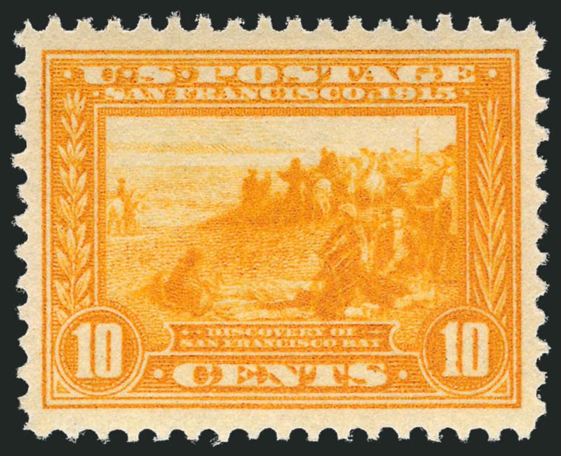 10c Orange Yellow, Panama-Pacific (400).> Mint N.H., deep rich color and proof-like impression, well-balanced margins<><>^EXTREMELY FINE GEM. A BEAUTIFUL MINT NEVER-HINGED EXAMPLE OF THE 10-CENT ORANGE YELLOW
PANAMA-PACIFIC.^<><>With 2007 P.F. ce