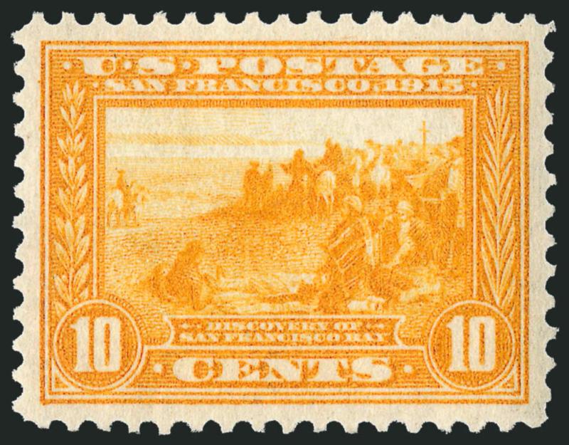 10c Orange Yellow, Panama-Pacific (400).> Mint N.H., vibrant color as fresh as the day it was printed, post-office fresh paper, wide and balanced margins<><>^EXTREMELY FINE GEM. A SUPERB MINT NEVER-HINGED
EXAMPLE OF THE 10-CENT ORANGE YELLOW PANAMA