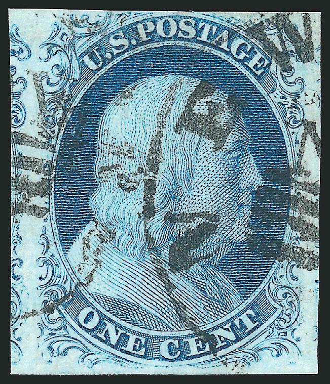 1c Blue, Ty. IIIa (8A).> Plate 1E, three large to huge margins, trifle close at top, lovely pastel color, bold New York circular datestamp with slugs below date, Very Fine, with 1990 P.F. certificate