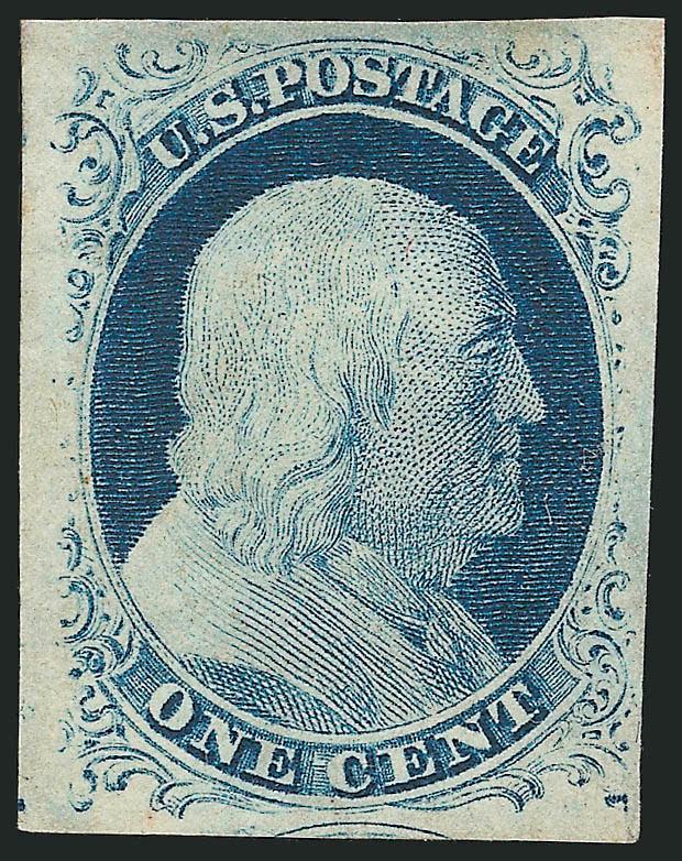 1c Blue, Ty. IV (9).> Original gum, small h.r., large and even margins all around, deep rich color<><>^EXTREMELY FINE. A BEAUTIFUL ORIGINAL-GUM EXAMPLE OF THE ONE-CENT 1851 TYPE IV.^<><>With 1992 P.F. and 2007
P.S.E. certificates (XF-Superb 95 S