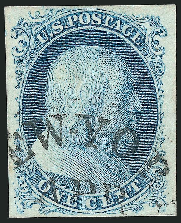 1c Blue, Ty. IV (9).> Large to huge margins, unusual color and clear impression, New York circular datestamp, Extremely Fine, with 2001 P.F. certificate which states rimless New York postmark, the rim is present
but only lightly struck