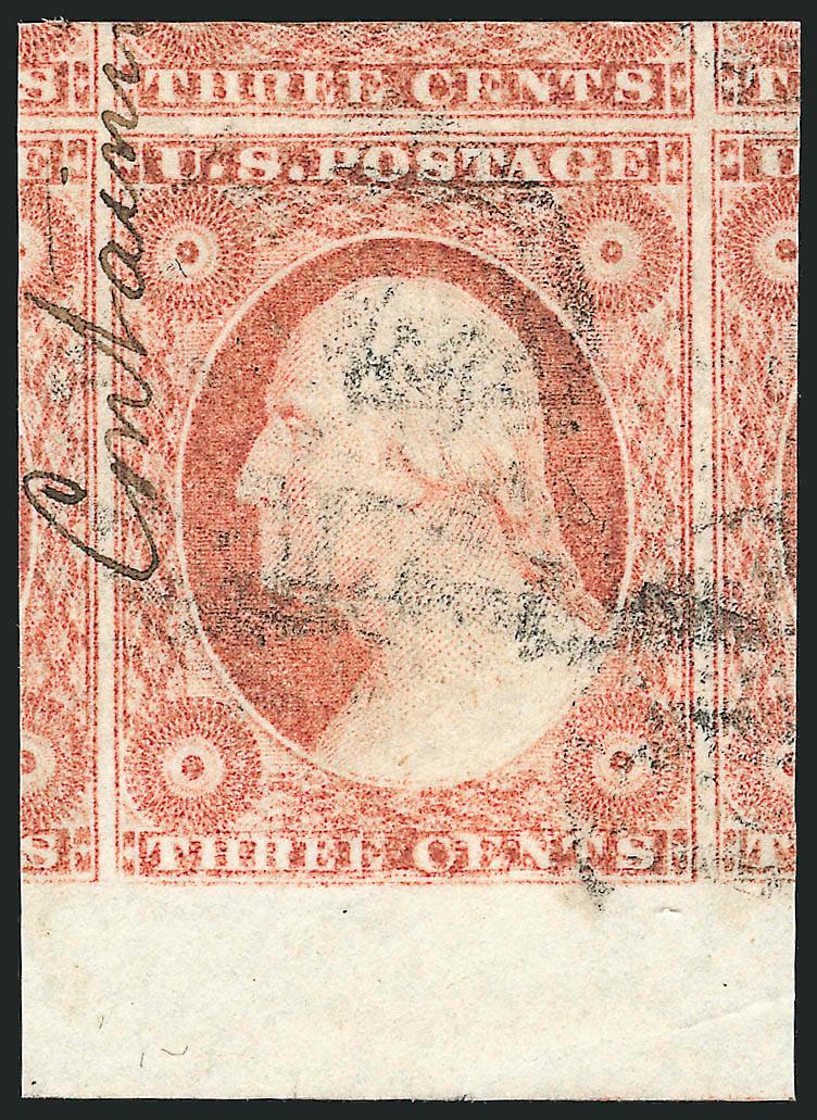 3c Dull Red, Ty. II (11A).> Position 87R12 with recut inner lines, bottom sheet margin single with substantial parts of the other five adjoining stamps, light grid cancel and neat ms. Containi(ng) at top left,
minor crease in selvage well clear of