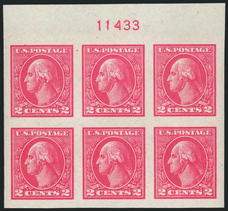 2c Carmine, Ty. Va, Imperforate (534).> Set of four Mint N.H. plate no. 11433 blocks of six, large margins, brilliant color, Extremely Fine