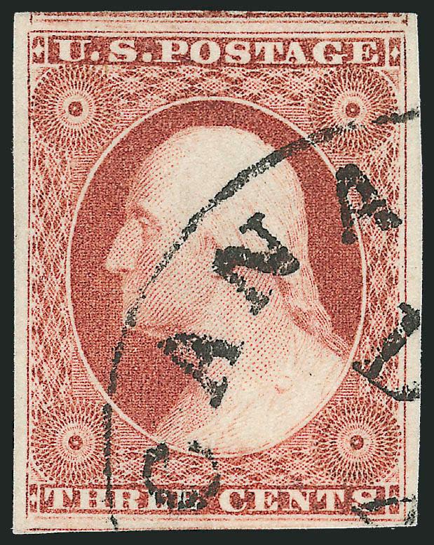 3c Dull Red, Ty. I (11).> Without recut inner lines, large even margins, brilliant color on bright paper, neat strike of circular datestamp, Extremely Fine Gem, a beautiful stamp, with 2007 P.S.E. certificate
(XF-Superb 95 SMQ $325.00)