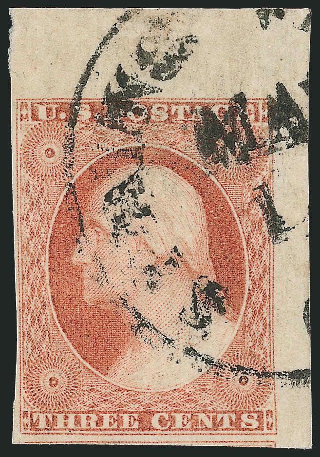 3c Dull Red, Ty. II (11A).> With recut inner lines, huge top right sheet corner margin single, ample to huge other sides, circular datestamp, Very Fine and choice, with 2007 P.S.E. certificate (VF-XF 85 Jumbo
SMQ $40.00 for 85, $85.00 for 90)