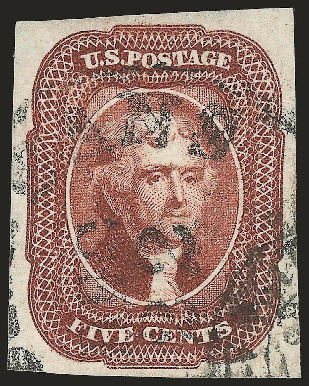 5c Red Brown (12).> Large to huge margins, rich color, bold strike of New Orleans circular datestamp<><>^EXTREMELY FINE GEM USED EXAMPLE OF THE 5-CENT 1856 ISSUE, GRADED XF-SUPERB 95 BY P.S.E.^<><>Small red
backstamp not mentioned on certificates