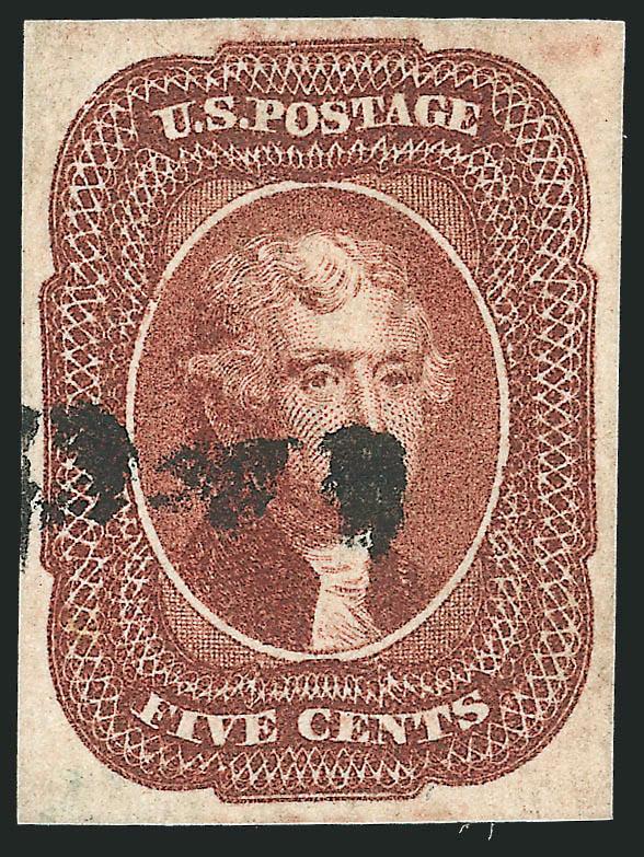 5c Red Brown (12).> Large even margins all around, bright shade and detailed impression, unusual cancel<><>^EXTREMELY FINE GEM. A SUPERB USED EXAMPLE OF THE 5-CENT 1856 ISSUE.^<><>With 2007 P.S.E. certificate
(XF-Superb 95 SMQ $2,850.00)