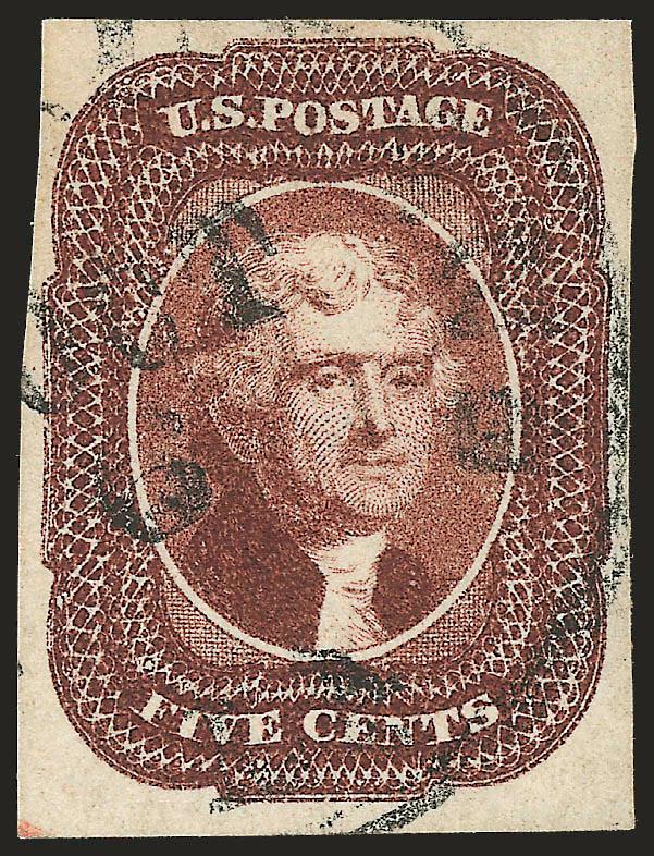 5c Deep Red Brown (12 var).> Large margins, intense color in the darker of the two recognized shades, face-free cancel, Extremely Fine, a beautiful stamp, with 2007 P.S.E. certificate (XF90 SMQ $1,350.00 as
normal shade)