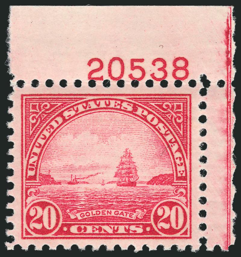 20c Carmine Rose (698).> Mint N.H. with top right plate no. 20538, incredibly wide Jumbo margins, and essentially perfectly centered, Extremely Fine Gem, with 2007 P.S.E. certificate (XF-Superb 95 Jumbo SMQ
$165.00 for 95, $680.00 for 98)