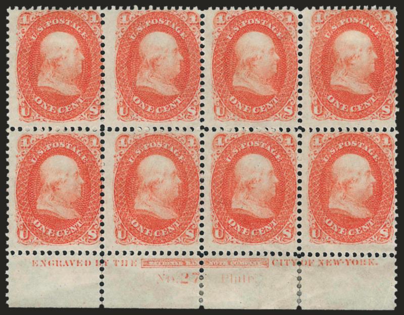 1c Orange Red, Trial Color Plate Proof on Wove, Perforated (63TC6).> Bottom imprint and plate no. 27 block of eight, original gum, h.r. in top corners and selvage, others barely hinged, radiant color, few minor
perf separations, Fine