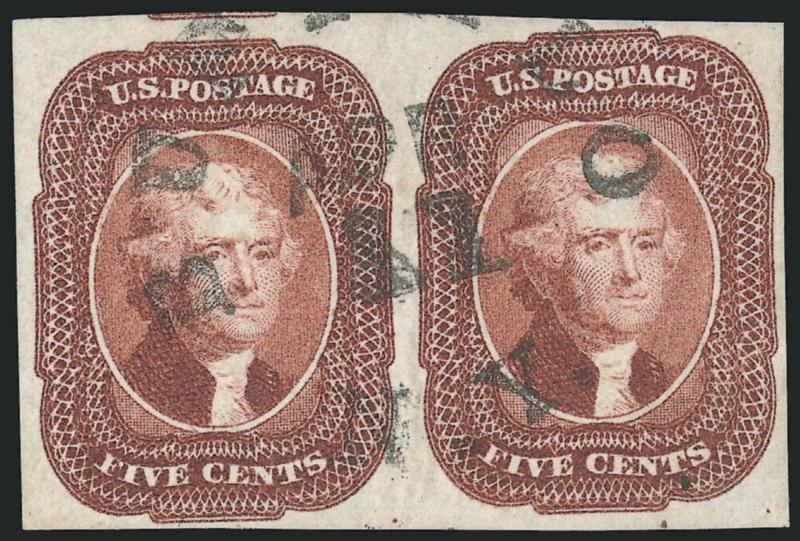 5c Red Brown (12).> Horizontal pair, large margins to clear incl. part of adjoining stamp at top left, unobtrusive Buffalo N.Y. circular datestamp, Very Fine and choice, scarce with this town cancel, with 1991
and 2005 P.S.E. certificates