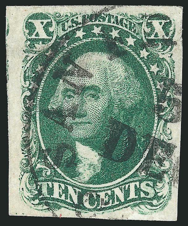 10c Green, Ty. I (13).> Large to huge margins incl. part of adjoining stamp at left, deep rich color, neat strike of San Francisco circular datestamp, fresh and Extremely Fine, a pretty stamp, with 1983 P.F.
certificate