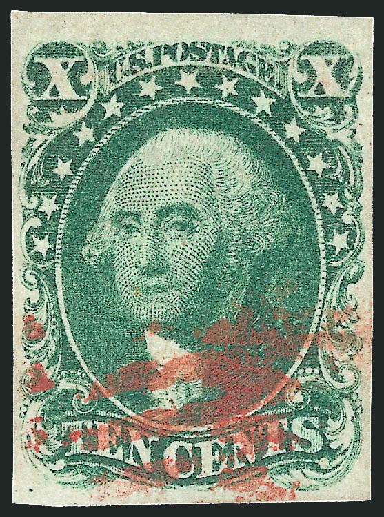 10c Green, Ty. I (13).> Ample to large margins, deep rich color with nicely contrasting <red grid> face-free cancel, Very Fine, exceptionally attractive, with 1988 P.F. certificate