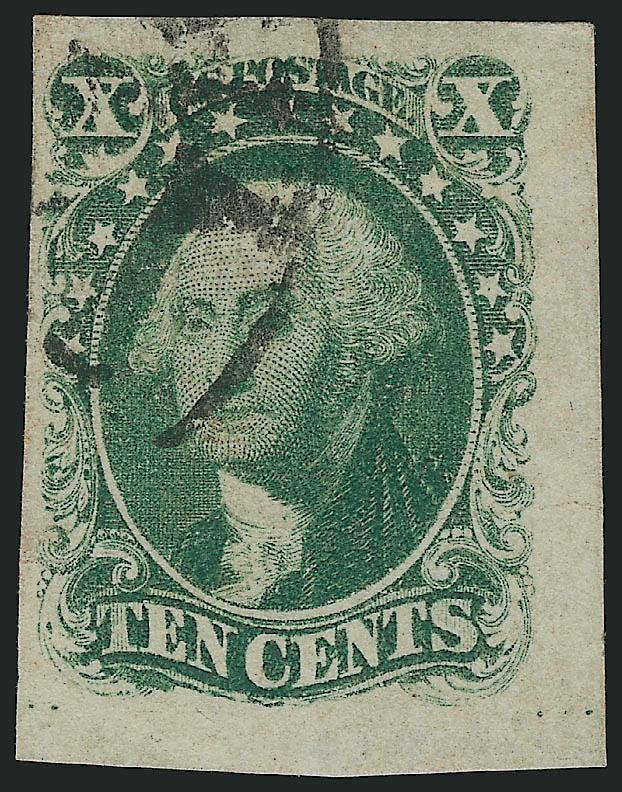 10c Green, Ty. I (13).> Position 100R1, large to huge margins incl. <bottom right corner margins,> bright shade, neat strike of circular datestamp, light creasing, appears Very Fine, scarce with corner margins,
owners backstamp