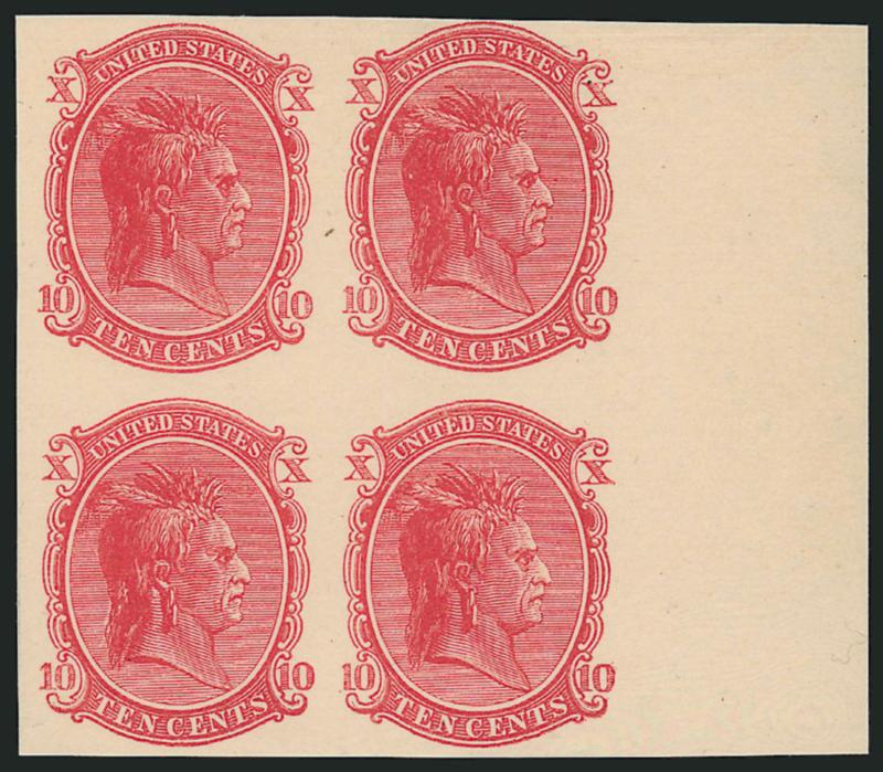 Unknown Author, 10c Indian Vignette, 1861-66 Plate Essay on Soft Cream Card (73-E6c).> Pane of four in Red, wide margin at right, full on other sides, light waterstain at top, otherwise Fine