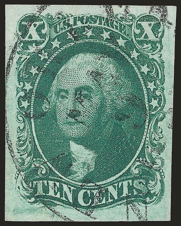 10c Green, Ty. II (14).> Large margins all around, brilliant color, neat strike of circular datestamp, Extremely Fine Gem, with 2007 P.S.E. certificate (XF-Superb 95 SMQ $780.00)