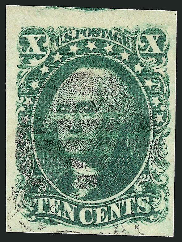 10c Green, Ty. II (14).> Large to huge margins incl. part of adjoining stamp at top, deep rich color on bright paper, grid cancel, Extremely Fine, with 1996 P.F. certificate