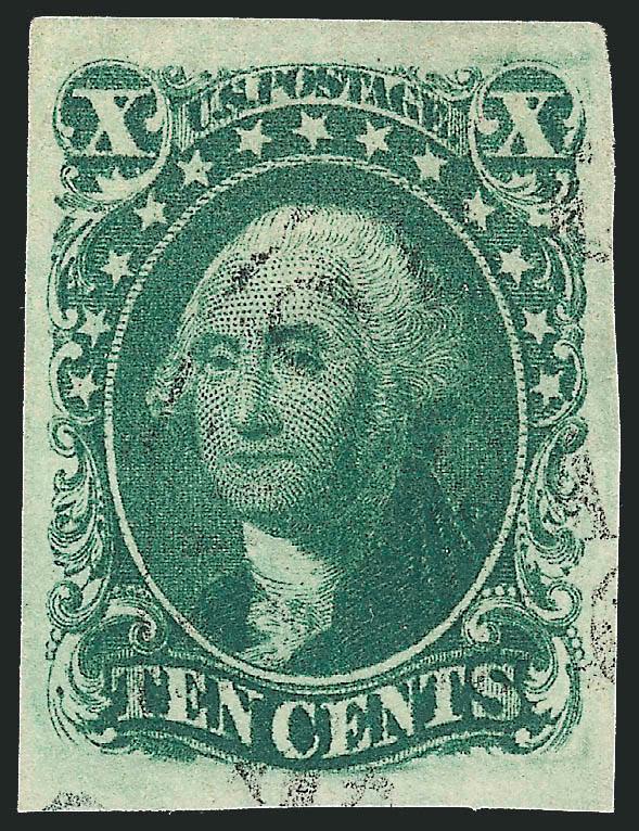 10c Green, Ty. IV (16).> Position 86L1, recut at top, large margins all around, beautiful deep rich color, lightly cancelled by town datestamp<><>^EXTREMELY FINE. A BEAUTIFUL USED EXAMPLE OF THE 1855 10-CENT
TYPE IV.^<><>With 1967 P.F. certificat