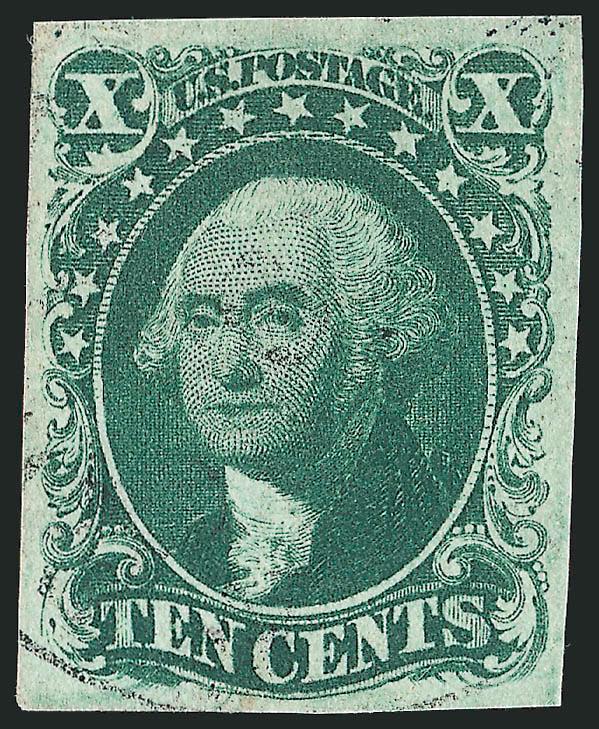 10c Green, Ty. IV (16).> Position 55L1, recut at bottom, large margins, incredibly nice strong color, barely cancelled by a light circular datestamp, black handstamp on back bleeds through the front, hardly
noticeable as it blends in with the cancel,