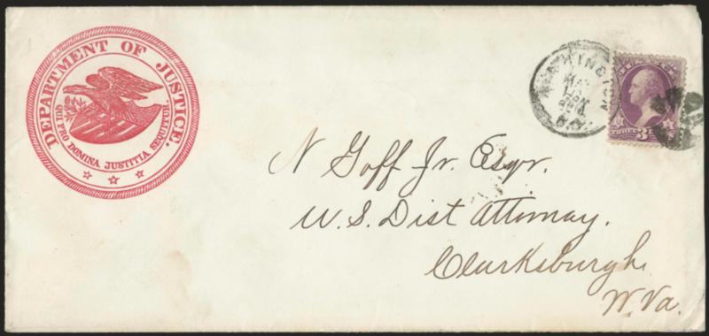3c Justice (O27).> Small rubbed spot at top, tied by circle of wedges and Washington D.C. May 10 6PM circular datestamp on cover to Nathan Goff, U.S. District Attorney in Clarksburgh West Va., crimson
Department of Justice seal, slightly reduced at