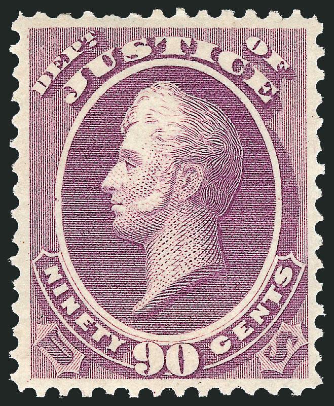 90c Justice (O34).> Original gum, lightly hinged, exceptionally well-centered, lovely color and impression<><>^EXTREMELY FINE. AN OUTSTANDING ORIGINAL-GUM EXAMPLE OF THE 90-CENT JUSTICE DEPARTMENT ISSUE.^<><>In
our experience, virtually all unuse