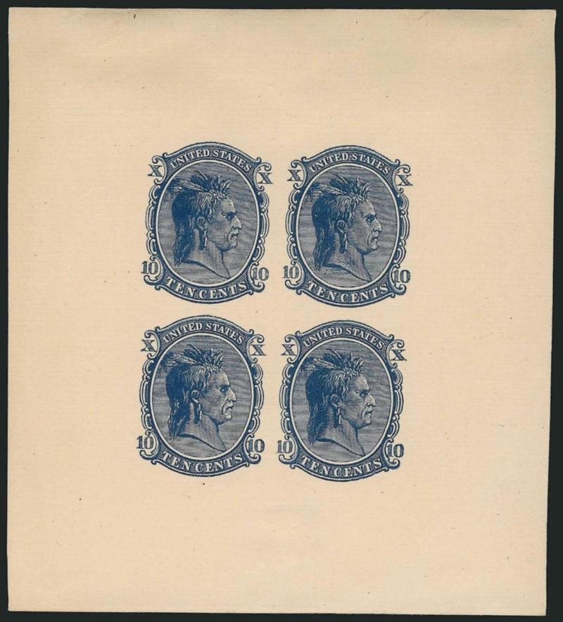Unknown Author, 10c Indian Vignette, 1861-66 Plate Essay on Soft Cream Card (73-E6c).> Pane of four in Blue, huge margins, small thins on back from hinge removal, appears Very Fine