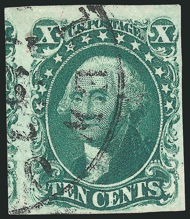 10c Green, Ty. IV (16).> Position 86L1, recut at top, two huge margins, others ample, wonderful deep rich color, neat circular datestamp, Very Fine and quite attractive, with 1988 P.F. certificate