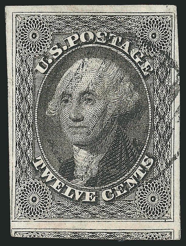 12c Black (17).> Large to huge margins incl. significant portion of adjoining stamp at bottom, bright shade, detailed impression, unobtrusive strike of grid cancel, some slight ms. offset on back from address,
Extremely Fine, with 1997 P.F. certifica
