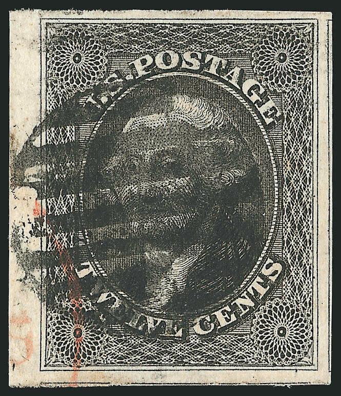 12c Black (17).> Large to truly huge margins incl. traces of adjoining stamps at right and bottom plus part sheet margin at left, bold grid cancel and small part of red transit, Extremely Fine, with 2000 P.F.
and 2003 P.S.E. certificate (XF 90 SMQ $