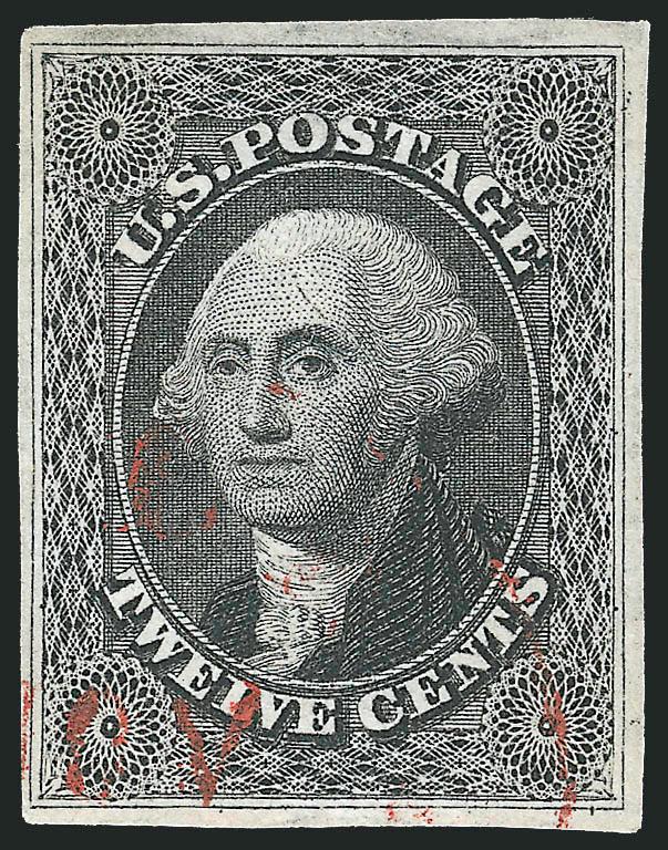 12c Black (17).> Three large to huge margins, ample to full at left, essentially face-free light red circular datestamp, fine impression, Extremely Fine, with 1987 P.F. certificate