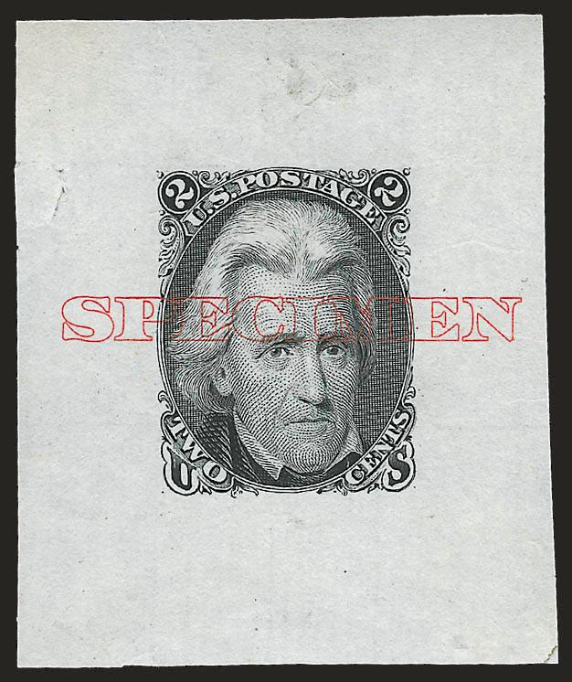 2c Black, Die I, Large Die Proof on India, Specimen Ovpt. (73P1 var).> 42 x 51mm, few small flaws as often associated with this fragile paper incl. sealed tear at far left, otherwise Very Fine, scarce