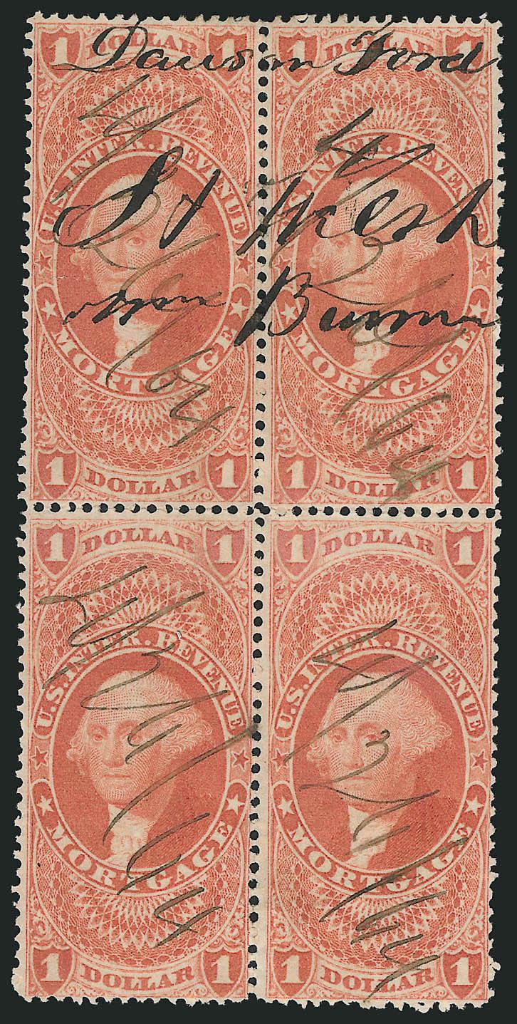 $1.00 Mortgage, Perforated (R73c).> Block of four, better centered than typically seen, 1864 ms. cancel, right pair creased, top left small tear, otherwise Fine, only four other blocks of four listed in the
Curtis Survey, three of these are either re