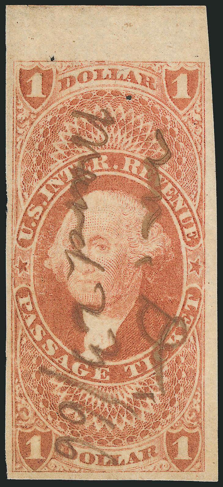 $1.00 Passage Ticket, Imperforate (R74a).> Ample to enormous margins incl. top sheet margins, 1866 ms. cancel, Very Fine
