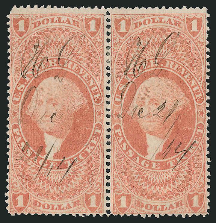 $1.00 Passage Ticket, Perforated (R74c).> Horizontal pair, attractive color and neat 1864 ms. cancel, short top left corner perf, otherwise Fine
