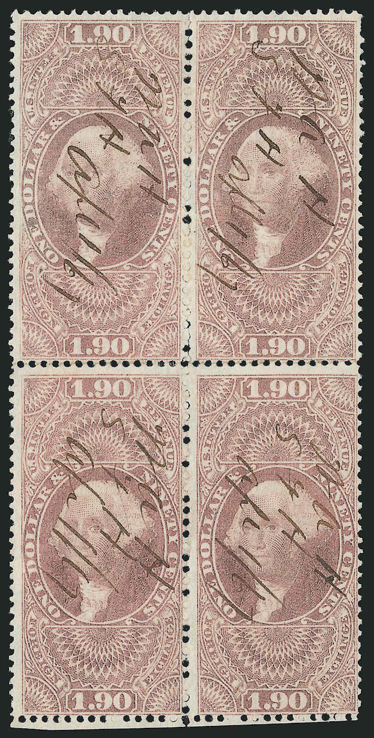 $1.90 Foreign Exchange, Perforated (R80c).> Block of four (two horizontal pairs rejoined), pastel color, 1867 ms. cancels, top right stamp couple minor perf flaws, otherwise Fine, ex Joyce, only a block of
eighteen and one other block of four (reinfo