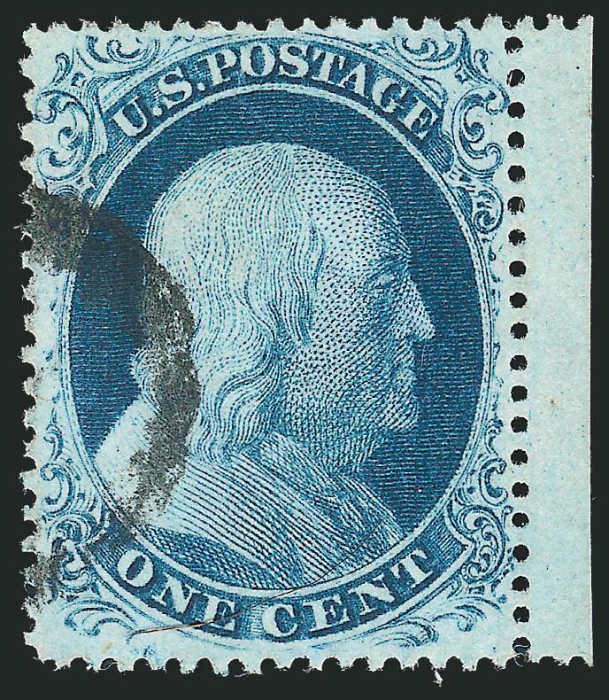 1c Blue, Ty. III (21).> Position 30L4 with perforated gutter margin at right, gorgeous deep Plate 4 shade and sharp impression, beautifully centered with wide top and bottom margins highlighting ample breaks in
top and bottom curved lines, very light