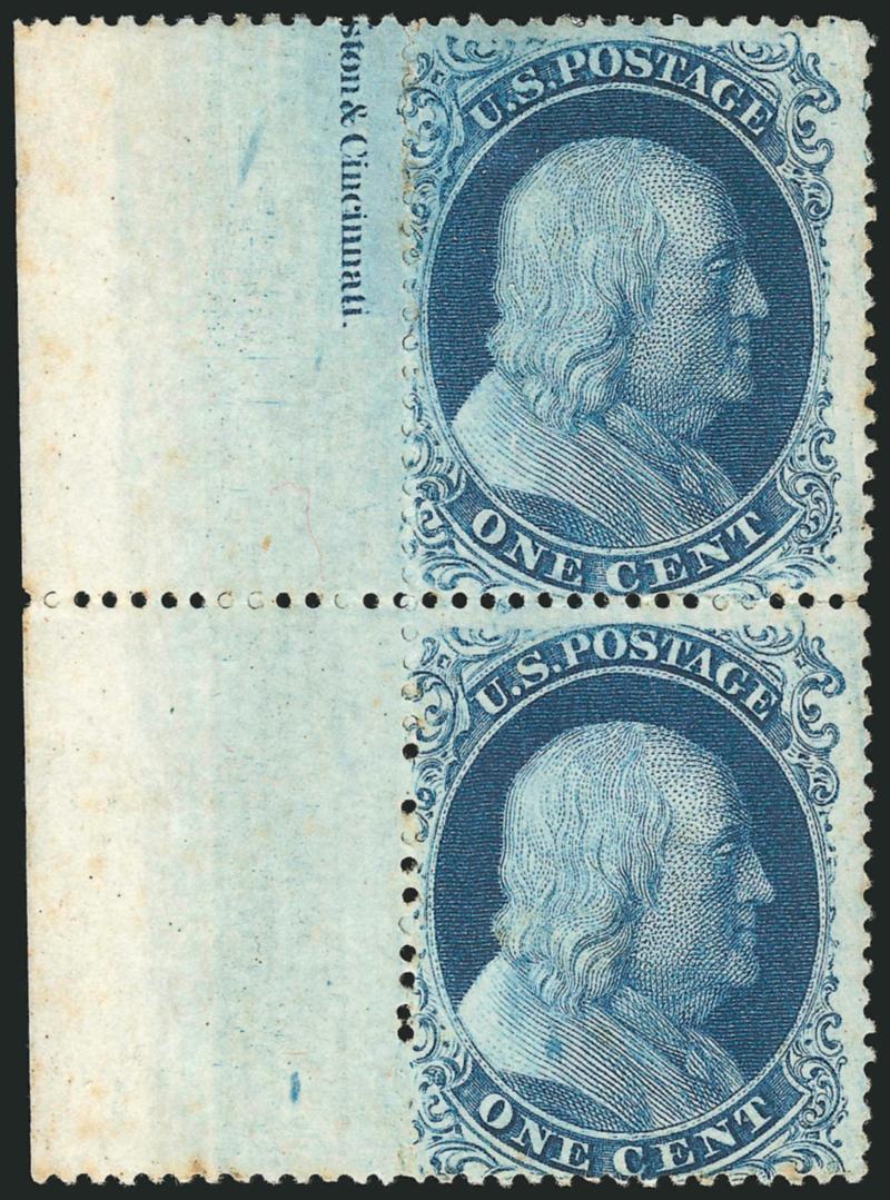 1c Blue, Ty. IIIA (22).> Positions 6171L4, vertical pair with <part imprint at top left,> disturbed original gum, deep rich color, top stamp small thin spot, few small toned spots, faint diagonal crease<><>^FINE
APPEARANCE. A SCARCE UNUSED PAIR OF