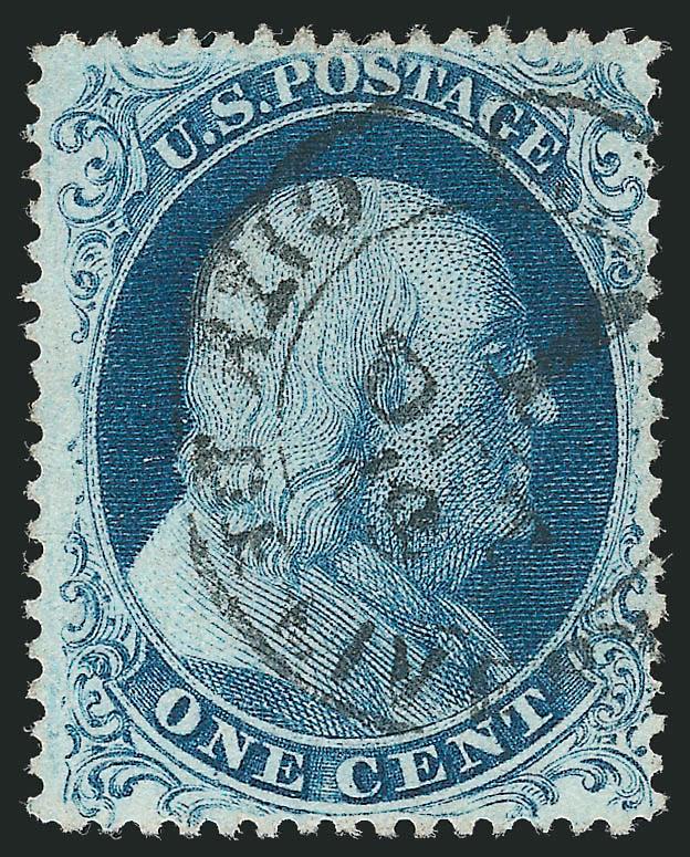 1c Blue, Ty. IIIa (22).> Perfs virtually clear the design all around, rich color and clear impression, stitch watermark variety, neat <black New York Carrier double-circle datestamp,> Very Fine and choice
example of the 1857 1c Ty. IIIa, with 1990 P.