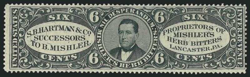 S. B. Hartman & Co., 6c Black, Silk Paper (RS100b).> Original gum, minor h.r., Fine, wonderful state of preservation and very scarce thus