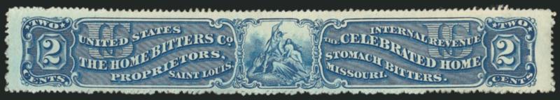 The Home Bitters Co., 2c Blue, Watermarked Paper (RS128d).> Exceptionally wide margins, deep color and fine impression, faint, almost imaginary corner crease at top left, otherwise Very Fine, exceptional
quality despite the faint crease