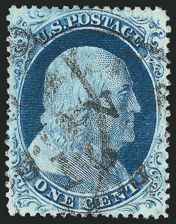 1c Blue, Ty. IV (23).> Recut once at top and once at bottom, unusually rich color and sharp impression on bright paper, gorgeous centering with wide and balanced margins, neat strike of circular datestamp with
1858 yeardate<><>^EXTREMELY FINE. THE