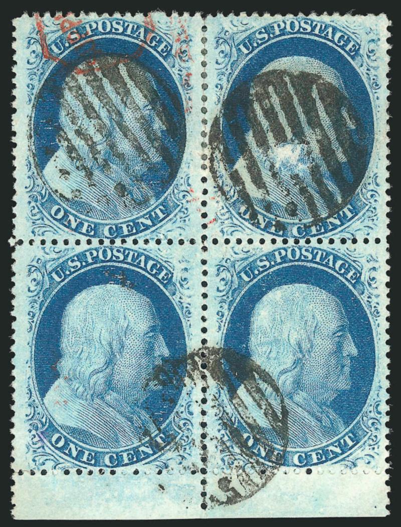 1c Blue, Ty. V (24).> Two blocks of four, one with light circular datestamps, other with bottom selvage, black grids and part of <red Supplementary Mail Ty. A cancel,> some hinge reinforcement, former few short
perfs, latter light creases and top rig