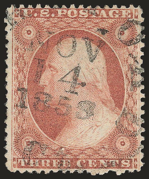 3c Dull Red, Ty. III, Double Transfer (26 var).> Position 87R15 with clear double transfer and showing rosettes double and line thru Postage and Three Cents, unusually choice centering, rich color, neat 1858
circular datestamp, Extremely Fine Gem