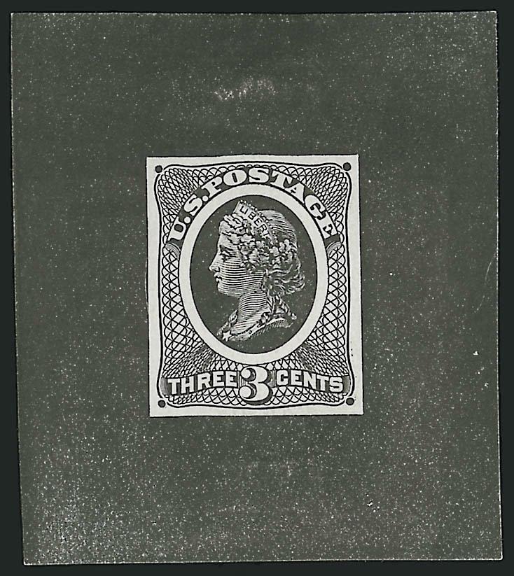3c Spencer Patent, Die Essay on Stiff Yellowish Wove (79-E30d).> 50 x 57mm with uncleared surrounds, struck in Black, fresh and Very Fine, accompanied by two A.B.N. engravings of George Washington