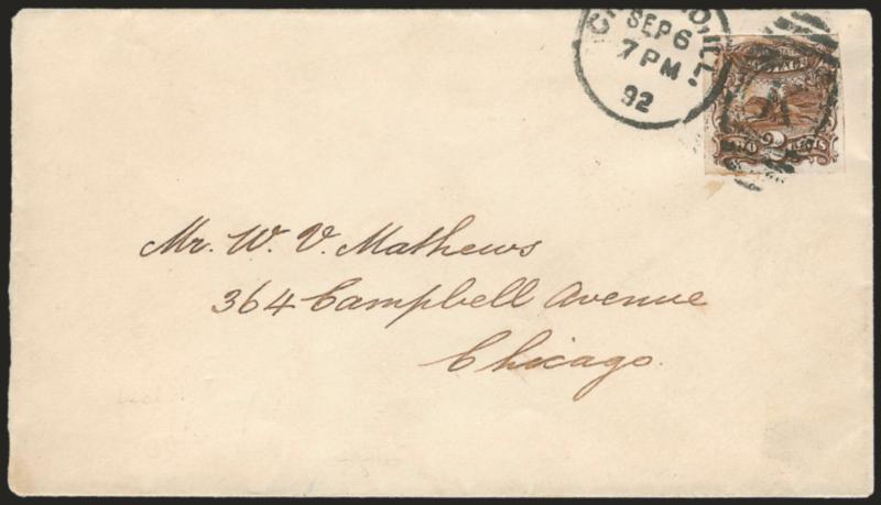 2c Brown, Plate Proof on India (113P3).> Large margins, tied by Chicago Ill. Sep. 6, 1892 duplex on locally addressed cover, some slight soiling, otherwise Very Fine, an attractive and rare use of the proof,
which was apparently accepted by the Chi
