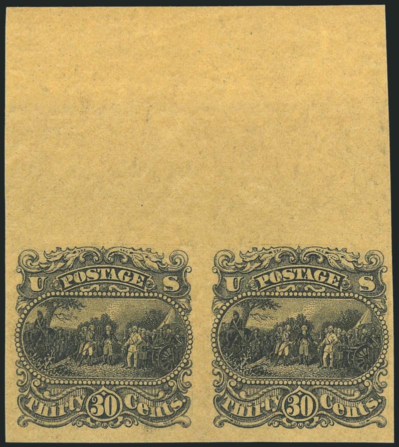 30c Burgoyne, Black on Orange Surface Tinted Bond Paper (121-E1p).> Horizontal pair with huge top sheet margin, Very Fine-Extremely Fine